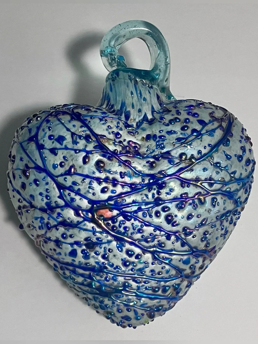 ART GLASS Iridescent Heart / SILVER & PEACOCK-BLUE / Thick, HAND-BLOWN Ornament